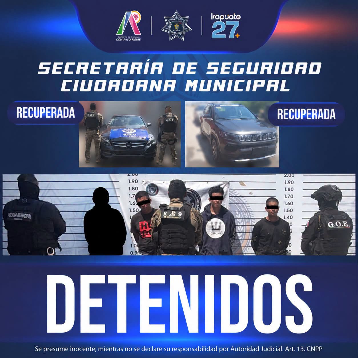 Detenidos en Irapuato por robo de autos