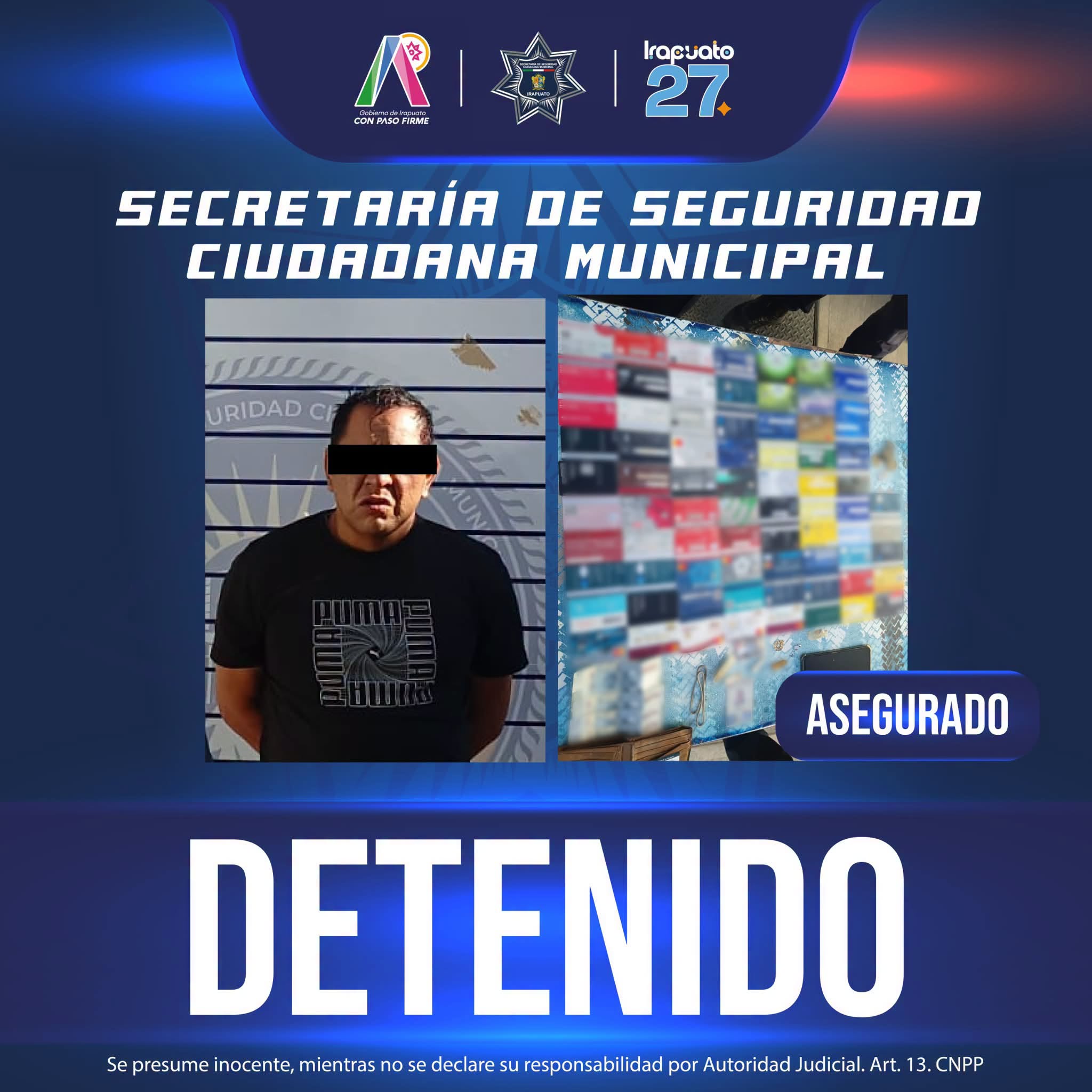 Detenido con tarjetas bancarias.